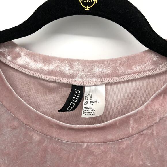 Divided H&M Crushed Velvet Velour T Shirt Womens S Pink Raw Hem Oversized Tee - Picture 2 of 6